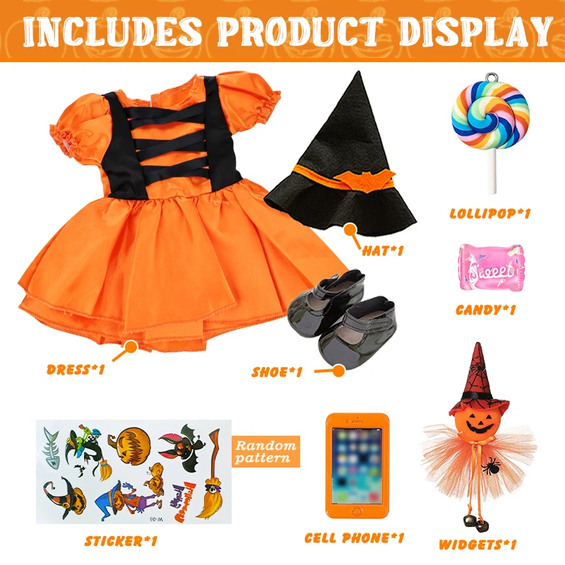 Doll Clothes Pumpkin Dress Mobile Phone Lollipop Set For 18Inch&45cm American Baby Doll New Born Girl Doll Costumes Accessories