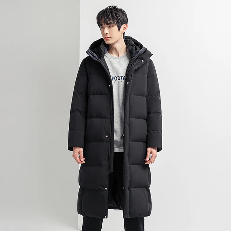 

Casual 2023 Winter Men's Mid Length Hooded White Duck Down Jacket Streetwear Windproof Solid Color Thicken Warm Long Puffer Coat