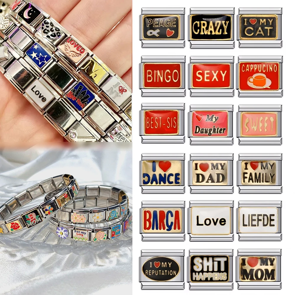 Letra en inglés I Love My Cat Bingo Love Link para cadena elástica, joyería DIY, pulsera italiana de acero inoxidable de 9mm