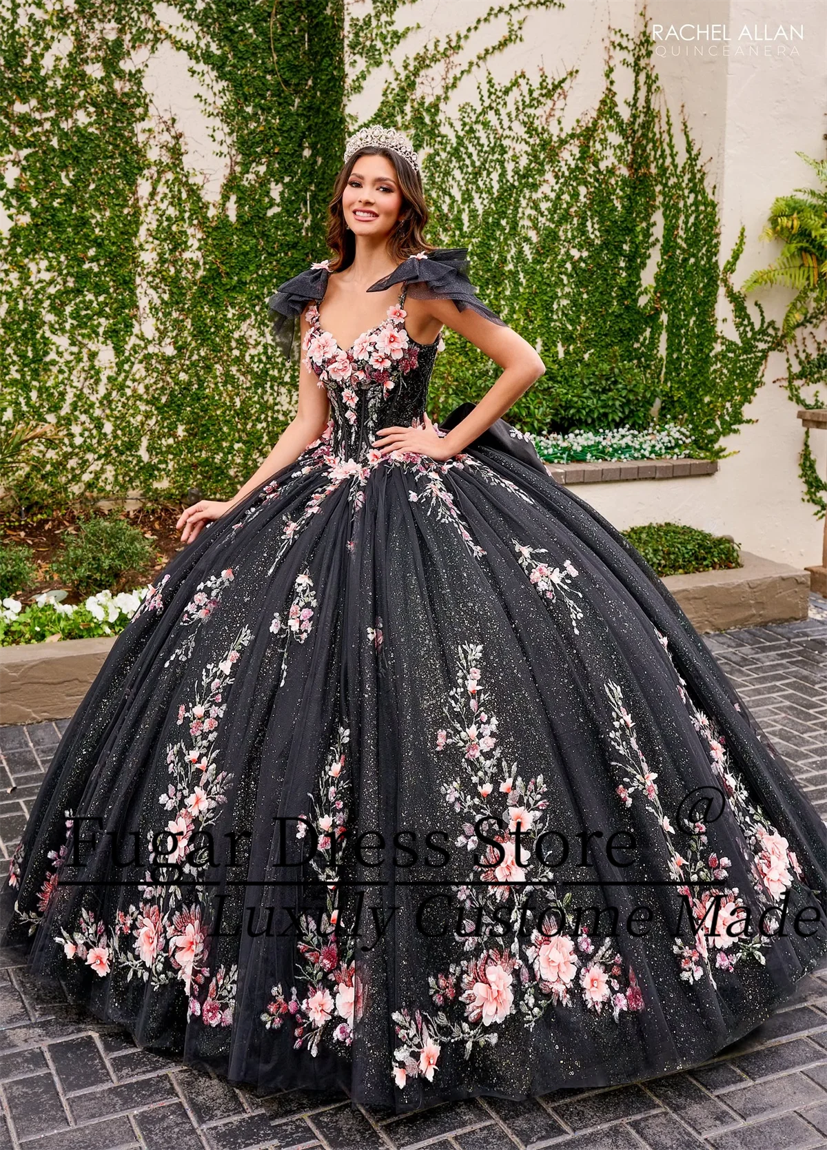 Eleganckie czarne sukienki na wiele Quinceanera naklejka kwiatowa z długimi rękawami, obcisły gorset bez rękawów odpinana muszka Vestidos para niñas