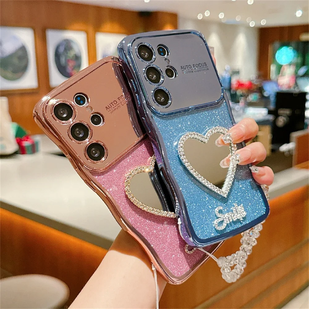 Women Heart Makeup Mirror Plating Case for Samsung Galaxy S26 S25 S24 Ultra S22 Plus S23 FE with Crystal Wrist Chain Shiny Cover