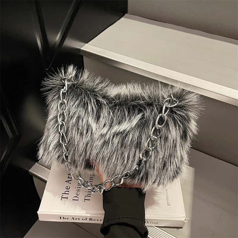 

Autumn Winter Soft Plush Tote Handbags For Women Classic Retro Khaki Brown Gray Chain Shoulder Bags Daily Shopping Underarm bag