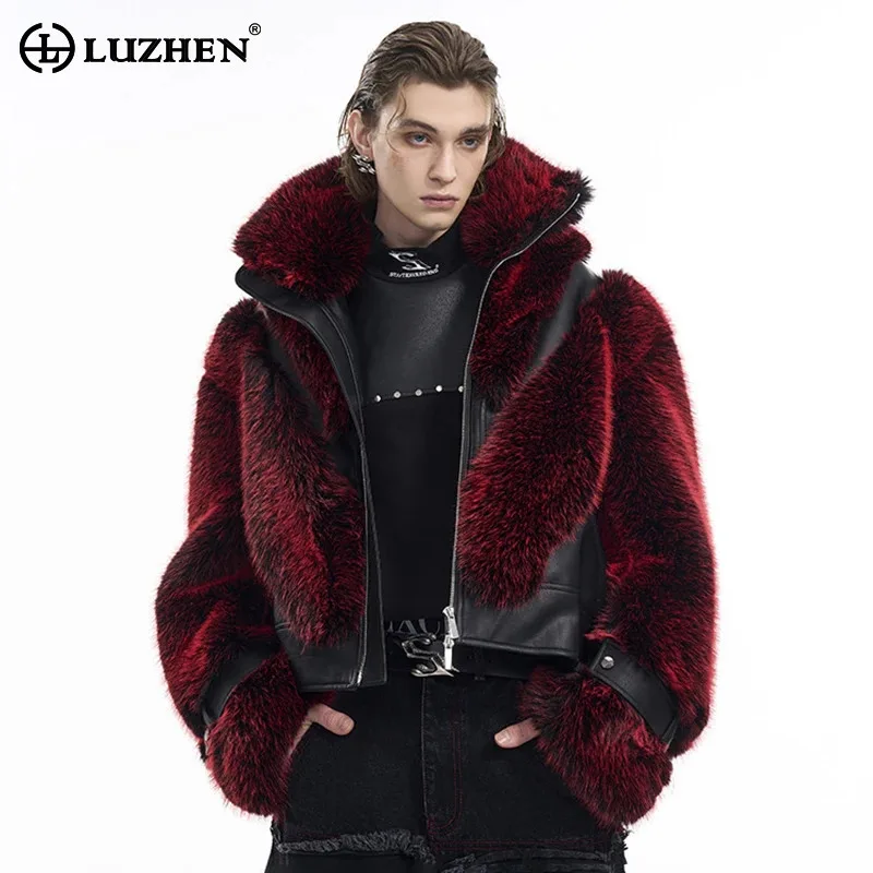 LUZHEN Short Light Luxury Faux Fur Coat Personalized Patchwork Leather Male Stylish Winter Outerwear High End Streetwear LZ8073