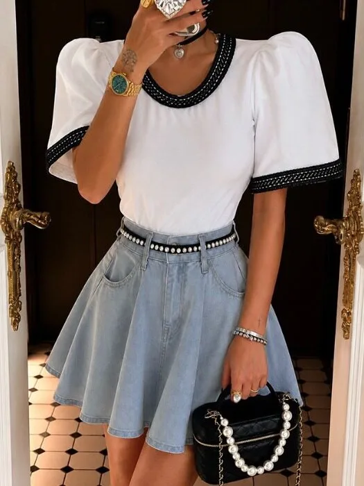 Korean Style Embellished Ruffle Top Women's Fashion Spring Autumn Winter Sweater Inner Wear Regular Fit Casual Street Style