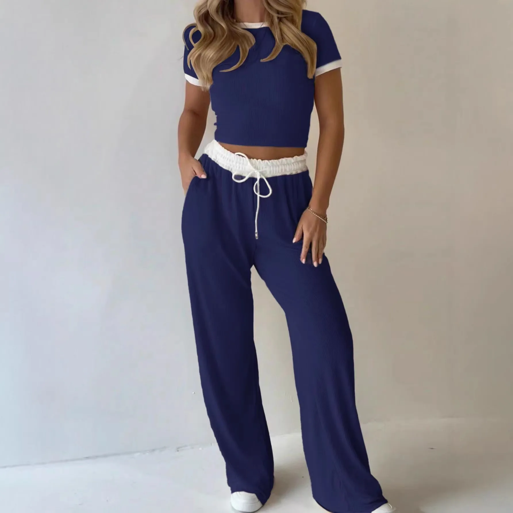 

2026 New Spring and Summer Short Sleeve Set Casual Wide Leg Pants Solid Color Sportswear Two-piece Set