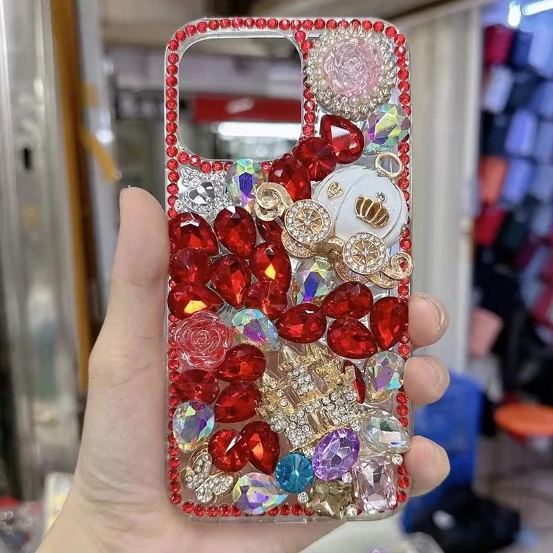 3D Handmade Crown Castle Pumpkin Car Rose Flower Case for IPhone 15 14 13 11 12 Pro Max Sparkle Bling Diamond Case for Women