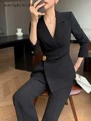 High-Grade Black Business Suit Autumn Winter New Socialite Temperament Cross Collar Slim Coat Wide-Leg Pants Two-Piece Sets