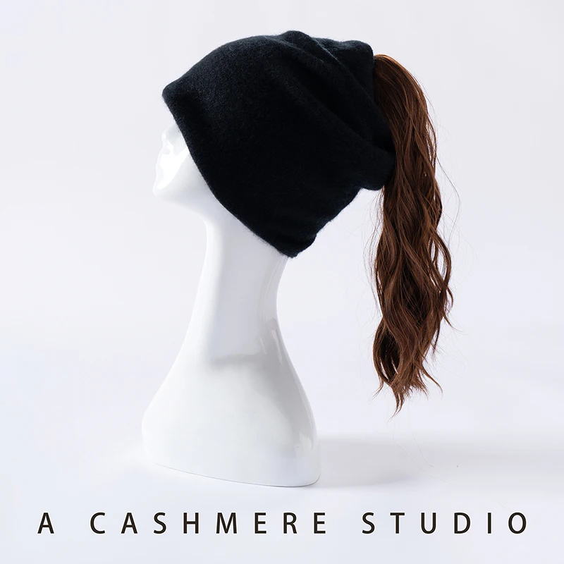 Topi Kasmir Murni 100% Model Slouchy, Dapat Digunakan Sebagai Penutup Leher & Lubang Kuncir Kuda, Topi Musim Dingin Hangat untuk Wanita