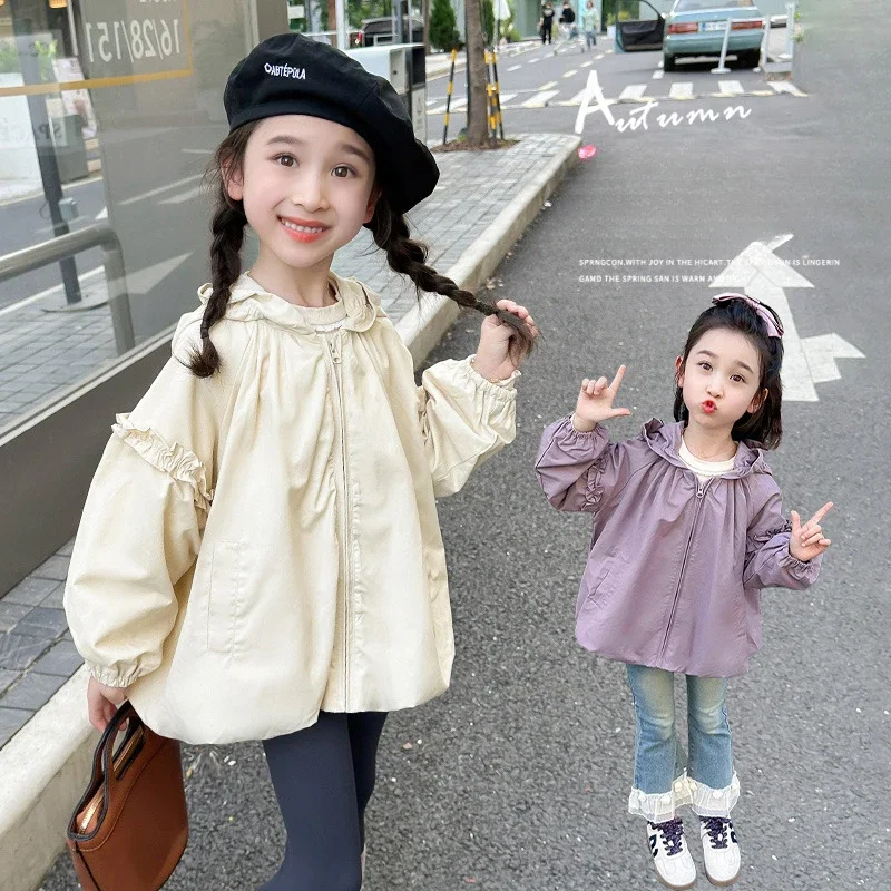 Girls Coat Autumn Trench Coat 2024 New Style Children Korean Style Baby Girls Autumn Lace Storm Jacket Cardigan Clothes