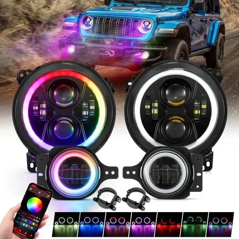 9 Inch LED Magic RGB Headlights/4 Inch LED Fog Lights with Turn Signal Lamp for Jeep Wrangler JL 2018-2024