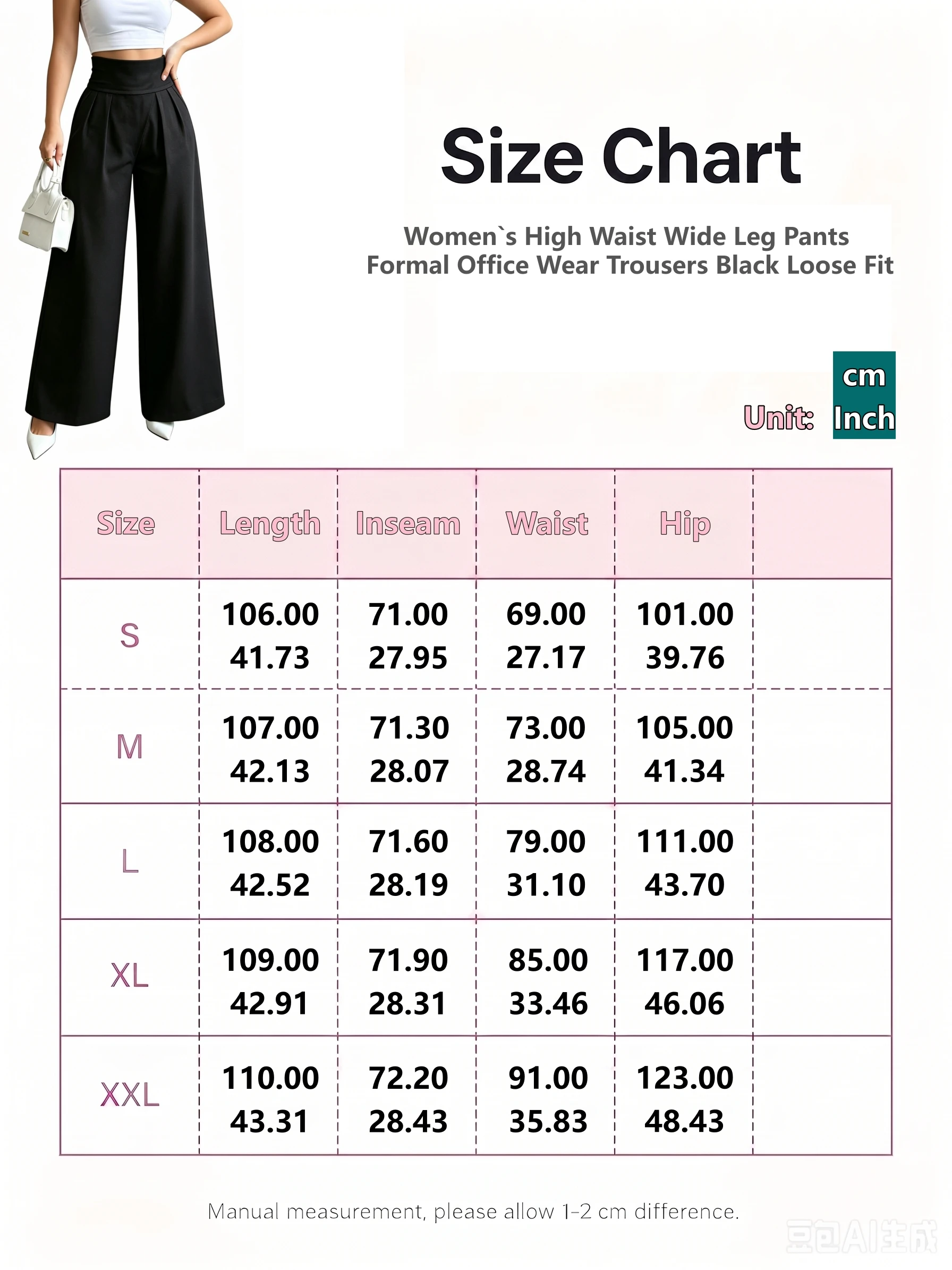 Damenhose mit hoher Taille und weitem Bein, formelle Bürokleidung, Hose in Schwarz/Grau, locker geschnitten, S-XXL, elegant für den Alltag im Frühling und Herbst. – Detail 1