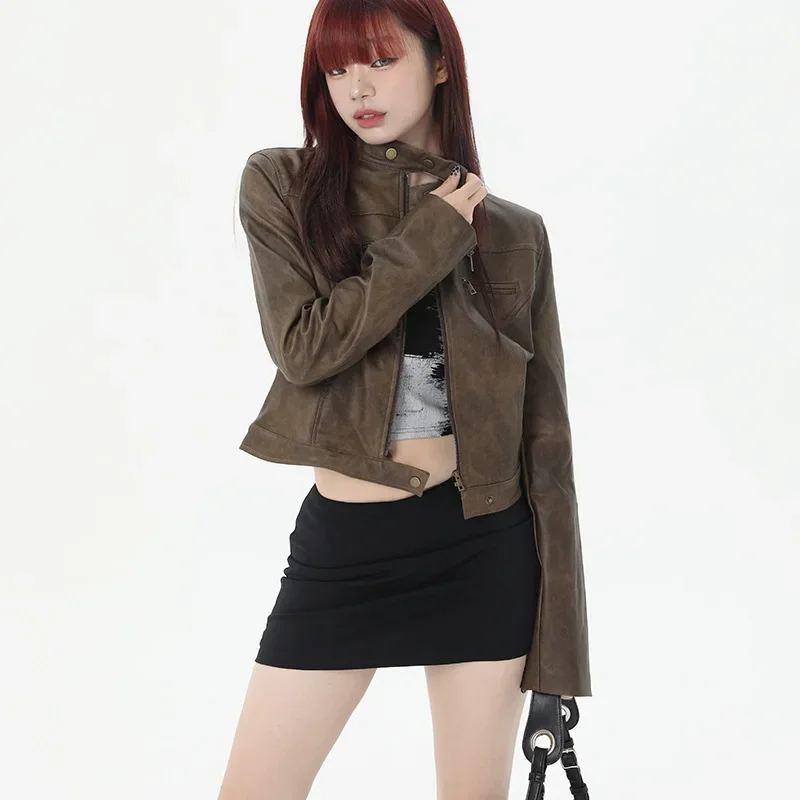 Stand Collar Jacket Leather Short Coat Women Autumn New Straight Tube Slim Short Motorcycle Jacket Korean Sweet D8FN