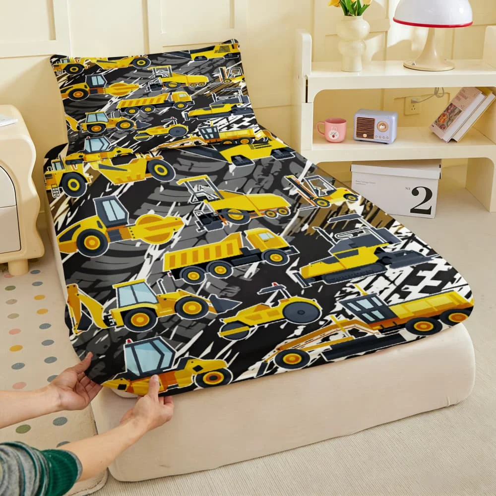 1pc Construction Vehicle Print Fitted Sheet Deep Pocket Elastic Mattress Cover Single Double Queen King Bedroom Decor