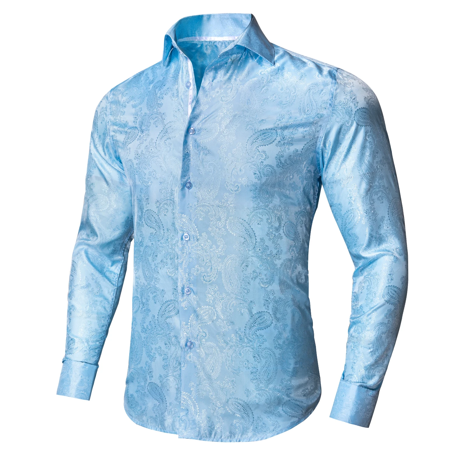 Hi-Tie Jacquard Paisley Light Blue Mens Silk Shirt Long Sleeve Lapel Shirt Blouse Outerwear Wedding Office Breathable Quality