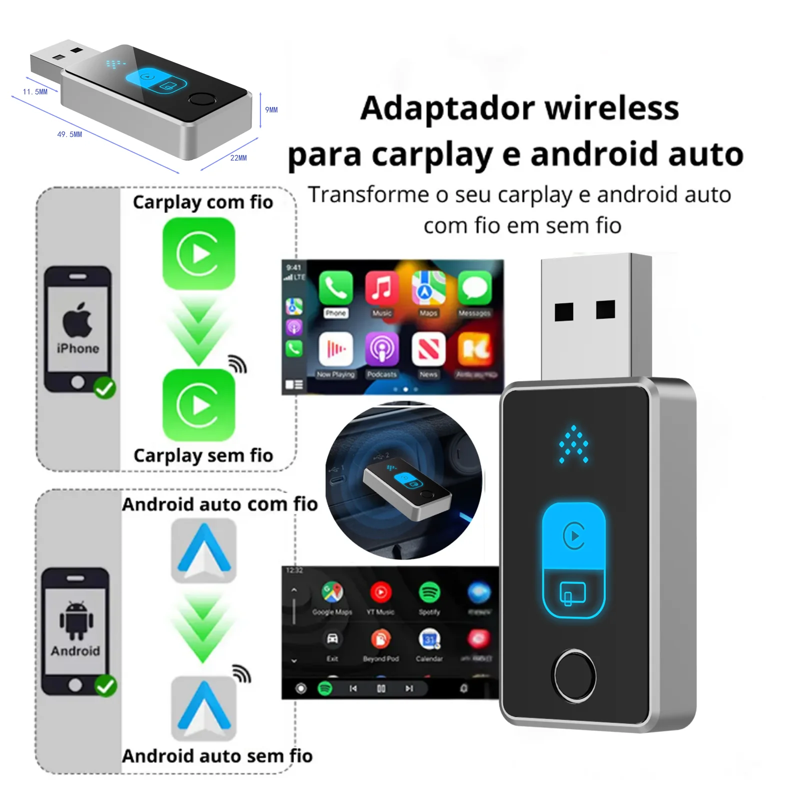 2in1 Wireless CarPlay & Android Auto Adapter 2.4/5G Wi-Fi, Plug&Play, Compact & Stable, Compatible with iOS 10+/Android 11+