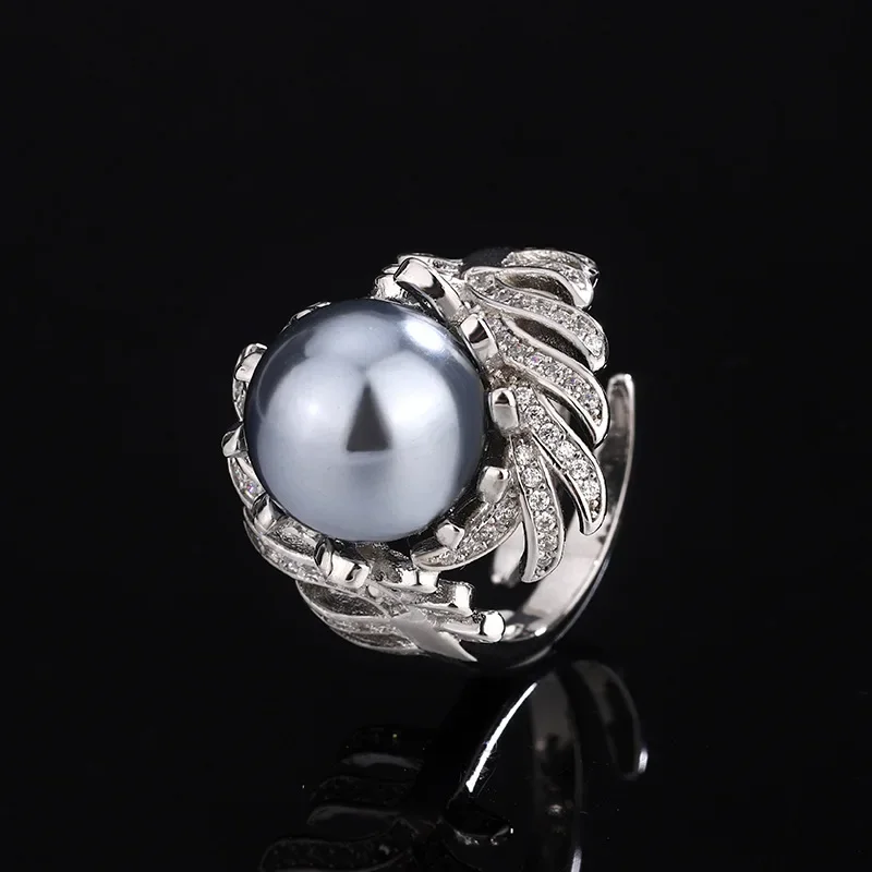 Fashion Women's Genuine 12mm White Gray Pearl Adjustable Ring Cubic Zirconia Exquisite Jewelry Finds Bohemian Flair Gift Options