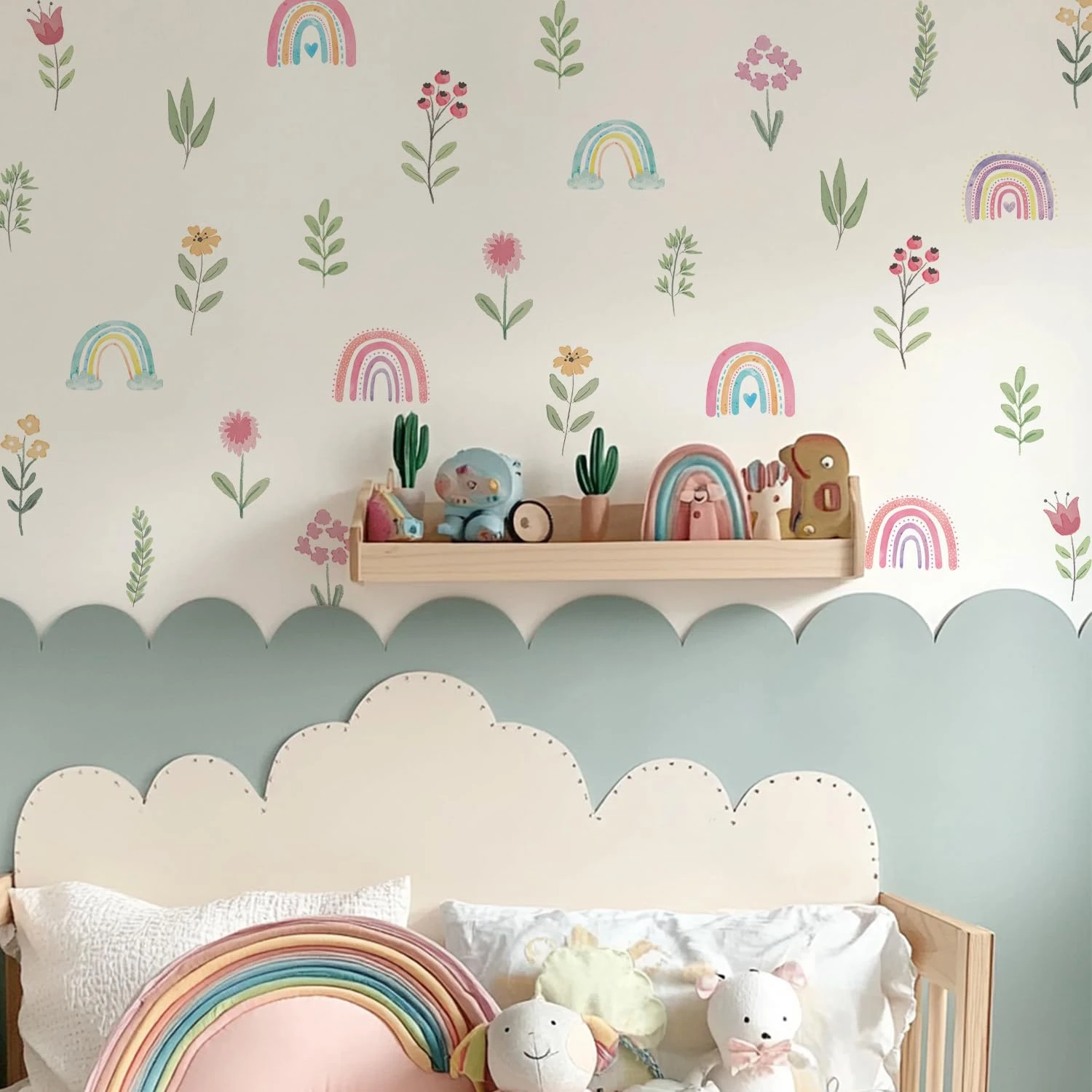 Aquarell Boho Regenbogen- und Blumen-Wandaufkleber, Botanische Blätter-Herz-Blumen-Wandaufkleber für Klassenzimmer, Schlafzimmer, Heimdekoration