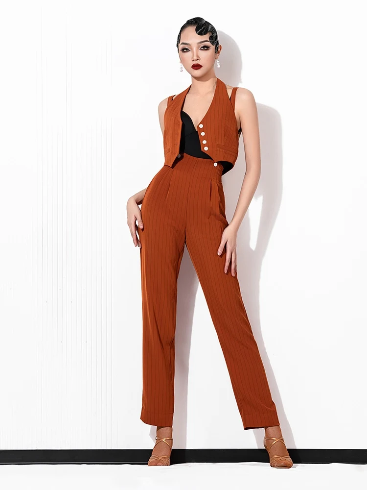 2024 New Latin Dance Pants For Women Orange Vest Striped Suspender Pants Suit Chacha Rumba Tango Adult Latin Dance Wear DQS16027