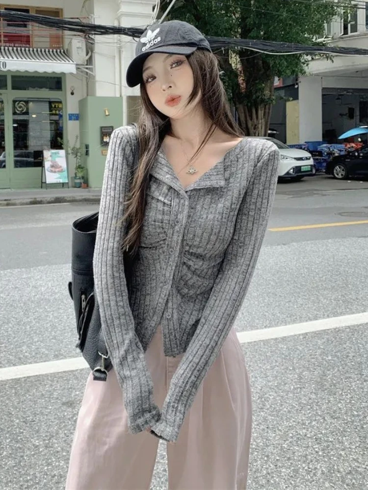 سترة نسائية بياقة مقلوبة بسيطة ريترو مريحة بأكمام طويلة حياكة هاراجوكو Ins ملابس كورية محاصيل أنيقة للخريف الأنثوي #3