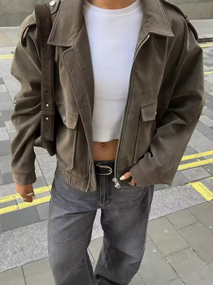 

HH Female Vintage Suede Coats For 2025 Autumn Solid Long Sleeve Zipper Lapel With Pockets Street Fashion Jacket Causal Outerwear