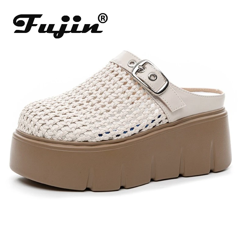 

Fujin 7 см синтетическая микрофибра кожа на платформе, высокие брендовые тапочки на танкетке, дышащие женские сандалии без шнуровки, туфли с круглым носком