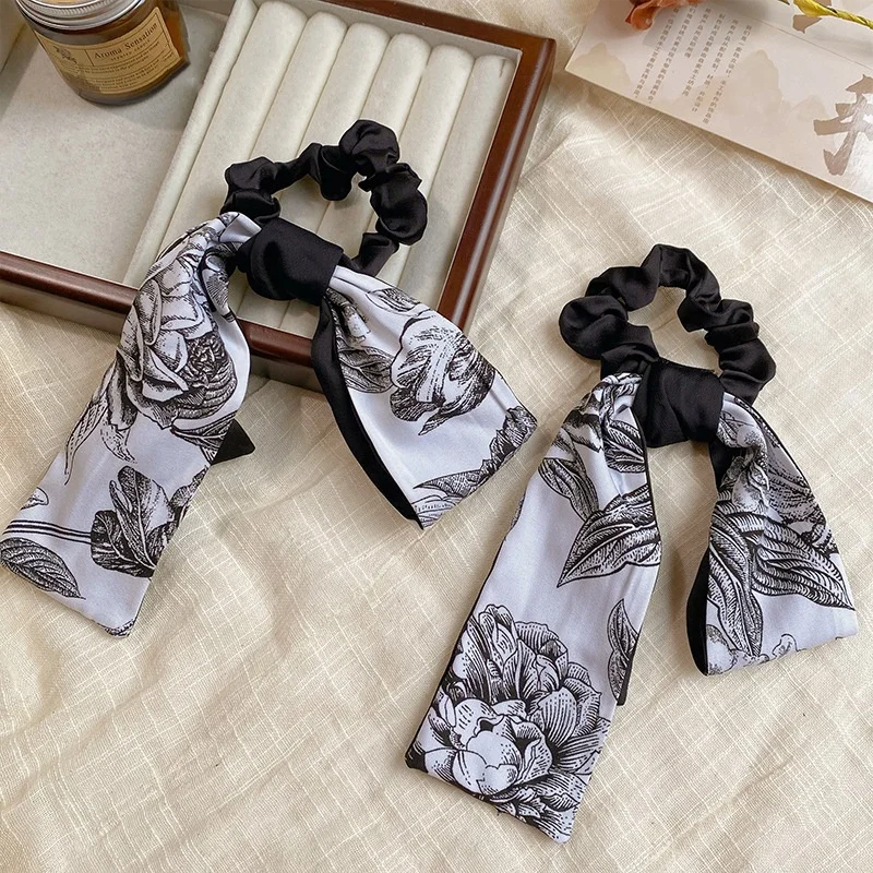 New Satin Sausage Hair Bands Vintage Printed Hair Bands Temperament Tie Hair Rope Landscape Painting Headband Hair Band