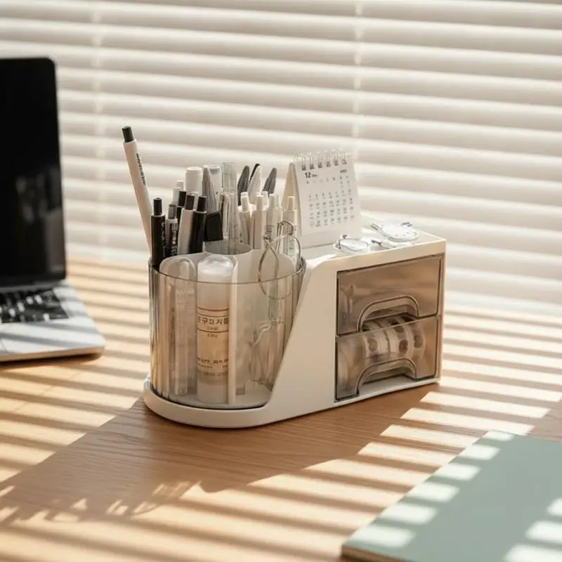 360 Degree Rotating Desk Storage Organizer with Drawer Multifunctional Pen & Makeup Brush Holder for Vanity