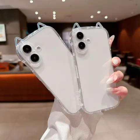 Minimalist 3D Cat Ear Transparent Phone Case For 17 Air 16 Plus 15 14 13 12 11 Pro Max X XS XR 7 8 SE 2022 2020 Soft TPU Cover