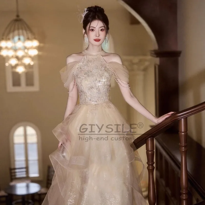 GIYSILE Abito da sera dignitoso alla moda con collo champagne personalizzato 2025 Nuovi abiti da festa soffici da principessa con nappa a flusso di perle