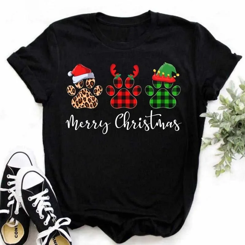 T-shirt grafica con stampa zampa di cane di Natale donna uomo unisex carino Babbo Natale renna elfo stampa casual manica corta estate top magliette