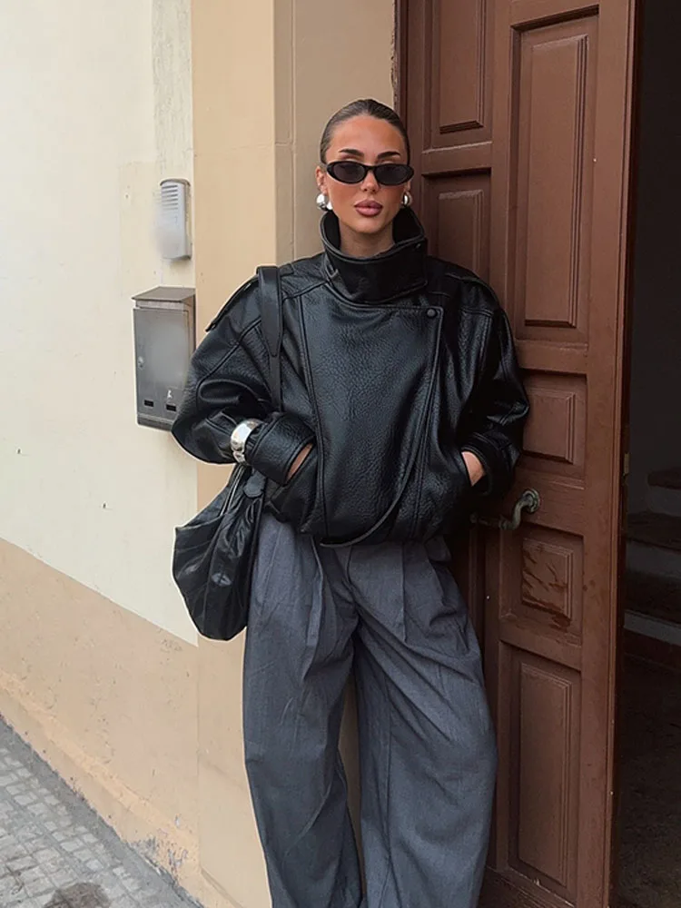 

HH 2025 Autumn Women High Street Loose Coats Woman Elegant Asymmetric Button Pocket Long Sleeves Black Zipper Slim Jackets