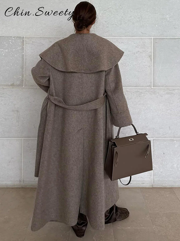 Abrigo de lana elegante con cuello tipo chal y cinturón para mujer, abrigos holgados de manga larga con bolsillos para mujer, prendas de vestir para ir al trabajo para Otoño e Invierno 2025