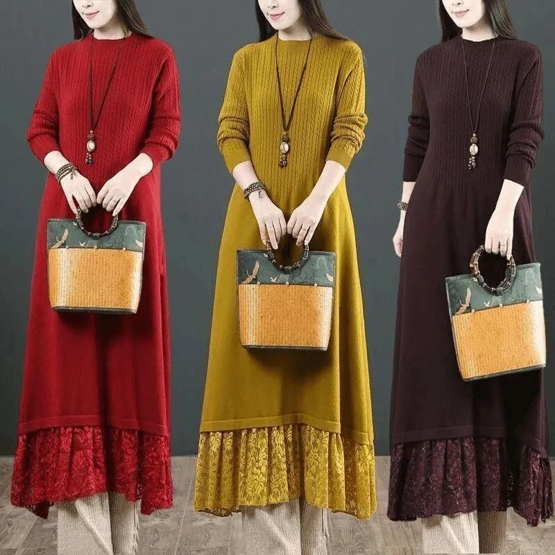 

Autumn Winter NEW Large Size Covering Belly Dress Middle Aged Elderly Mother Thicken Long Knitted Sweater Dresses Vestidos 5XL