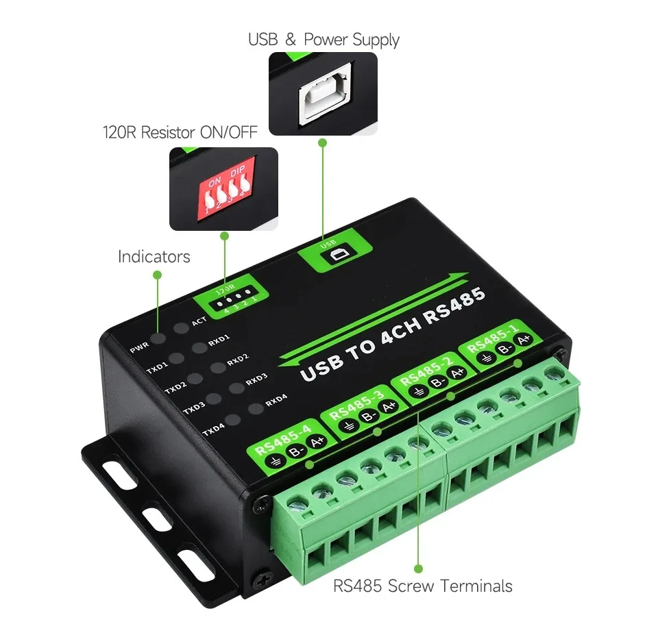 USB to 4CH RS485 Converter Industrial Grade Universal Serial Communication Module