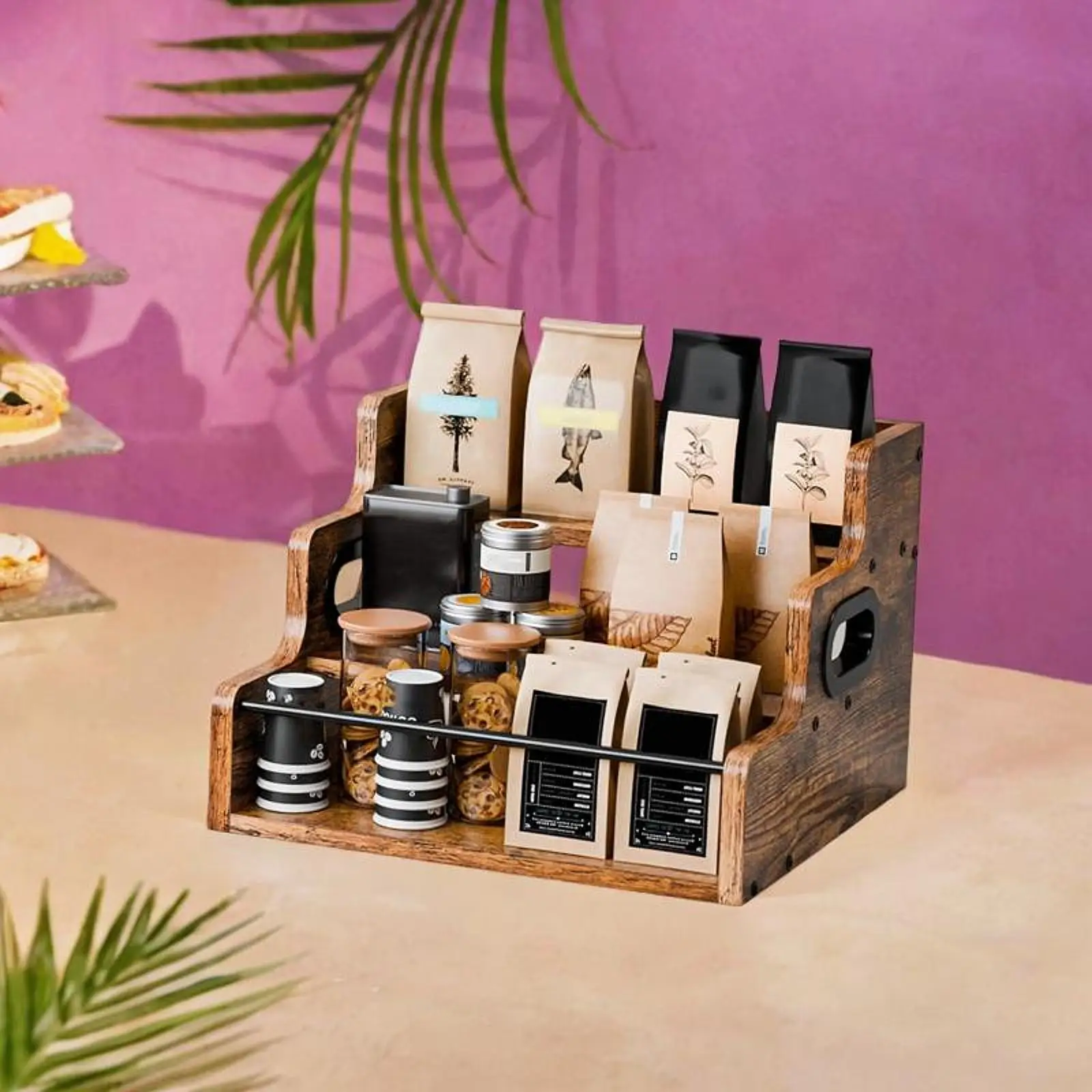 Wine Rack Wooden 3 Tiered Storage Shelves Coffee Syrup Organizer Shelf Stand for Pantry Coffee Bar Home Countertop Cabinet