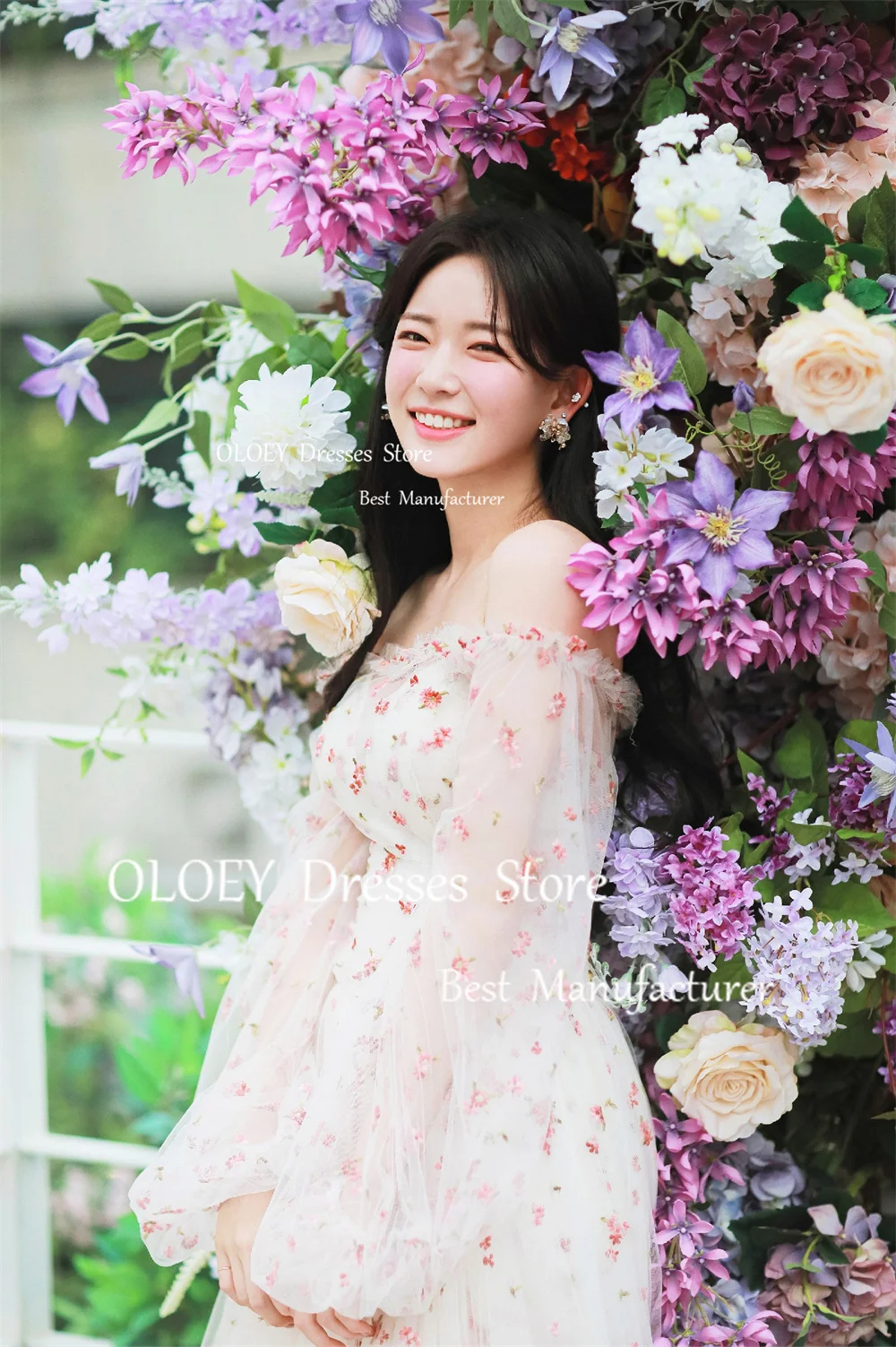 OLOEY Fairy Floral A Line Wedding Dress With Jacket Korea Photoshoot Sweetheart Pleats Tulle Prom Dress Floor Length Custom Made