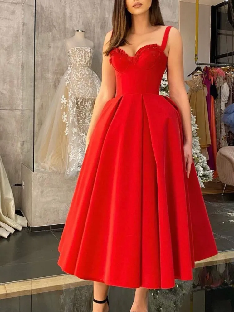 Women\'s Formal Wrap Red Midi Dress V Neck Sleeveless Summer Ladies Elegant Sexy Strap Evening Cocktail Party Gown Ceremony Dress