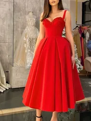 Women's Formal Wrap Red Midi Dress V Neck Sleeveless Summer Ladies Elegant Sexy Strap Evening Cocktail Party Gown Ceremony Dress