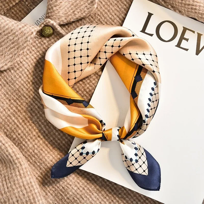 

53*53cm High Quality Mulberry Silk Scarf Women Fashion Small Soft Squares Scarf Decorative Stripe Head Scarf Print Kerchief Wrap