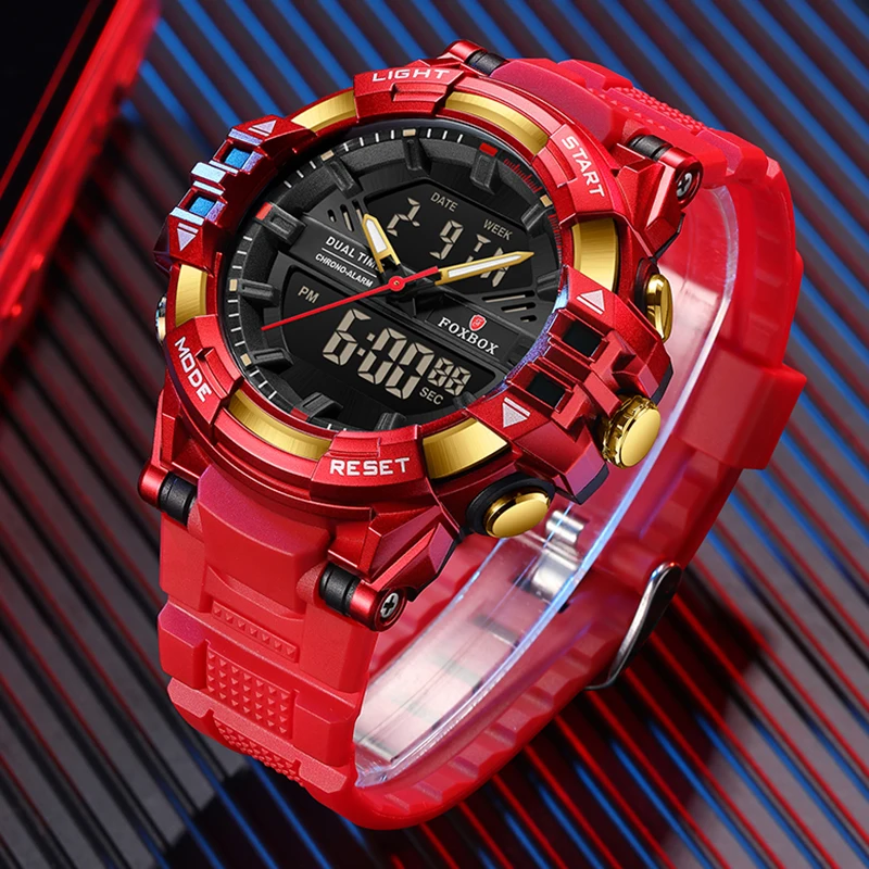 LIGE 2024 Classic Red Quartz Men Watch FOXBOX Fashion Sport Military Digital Watches for Men Waterproof Chronograph Reloj Hombre