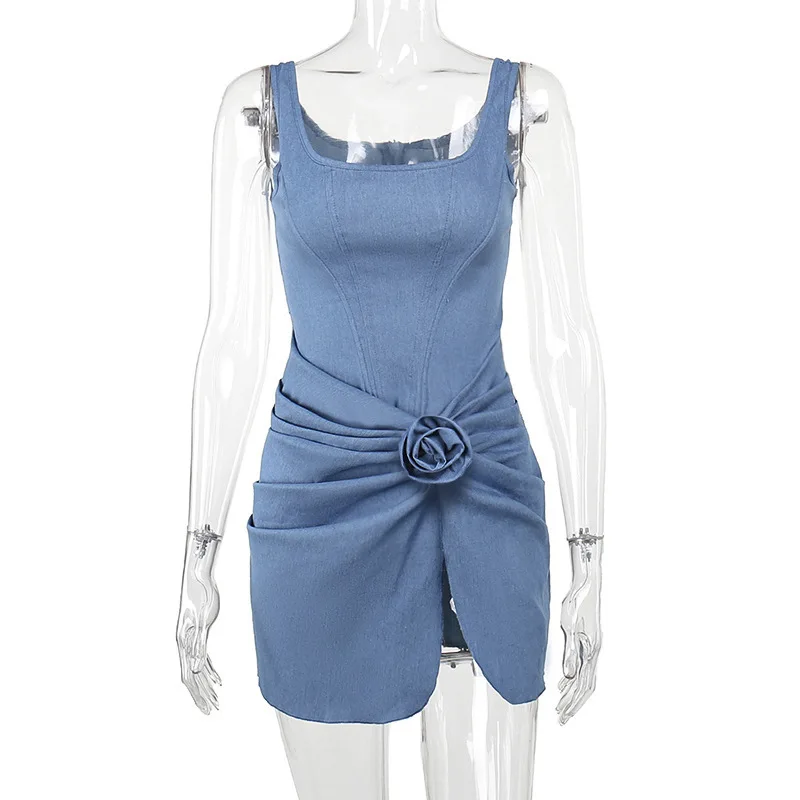 

J Summer 2024 new slim fit bust short skirt temperament flower denim dress
