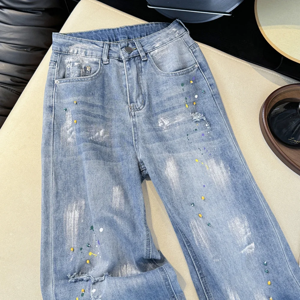 Fashion Splashing Ink Design Straight Jeans Women New Streetwear Retro Beading High Waist Pants Loose Versatile Wide Leg Trouser