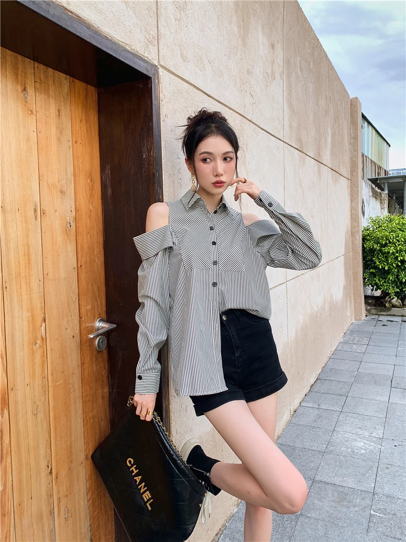 CHEERART Off The Shoulder Long Sleeve Striped Button Up Shirt Women Korean Fashion Designer Top Collared Shirt Autunn Clothes