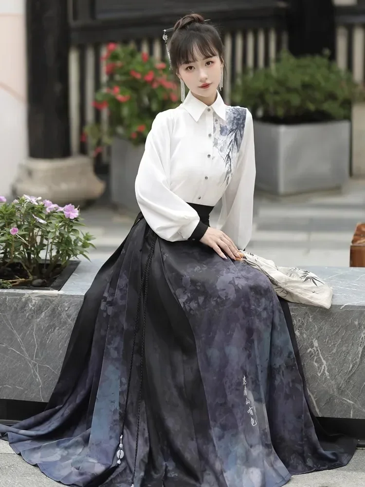 

Shadow Original Ming Hanfu Women's National Style New Chinese Ink Shirt with Horse Face Skirt Daily Commuting Suit Spring