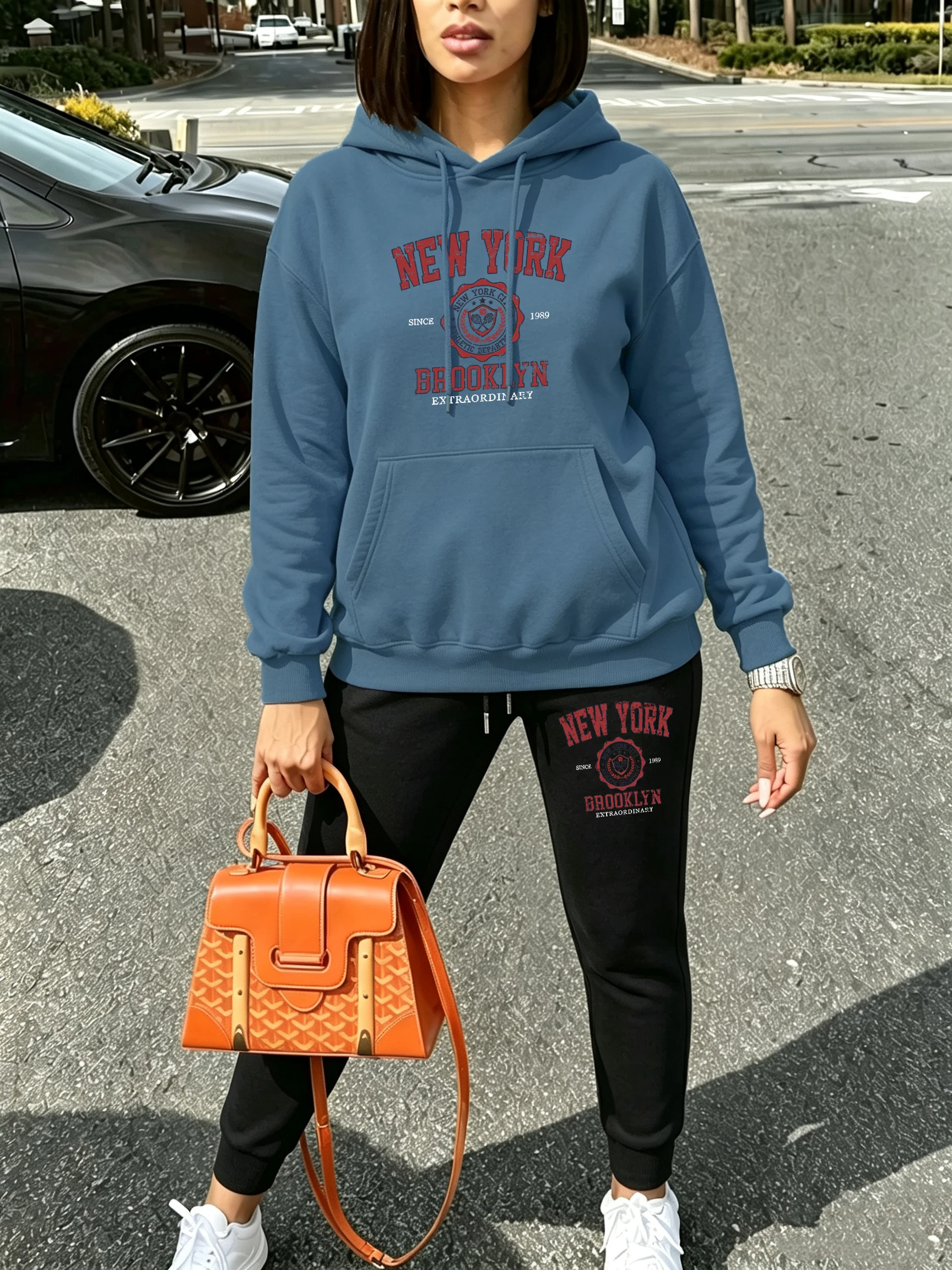 New York Brooklyn Art City Design Y2K Women'S Hoodie Set Fleece Loose Pullover Autumn Sweatpants Soft Drawstring Couple Clothing