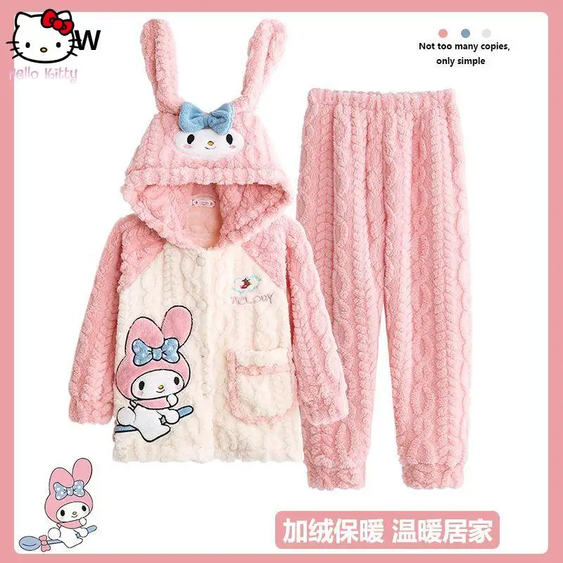 

2Pcs Sanrio Autumn Winter Girl Boy Warm Thicken Loungewear Homewear Melody Cinnamoroll Kuromi Kids Flannel Pajama Kawaii Cartoon