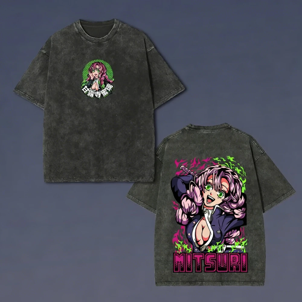 Demon Slayer Herren- und Damen-T-Shirt im Used-Look, Mitsuri Kanroji, Sommer- und Frühlings-Anime-Trendshirt, Retro Distressed Kurzarm