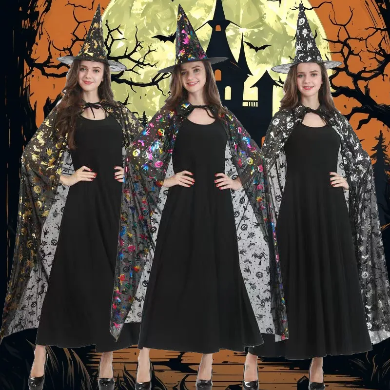 Halloween Witch Wizard Cloak Cape for Adults & Kids, Gold Foil Print Cosplay Robe, Halloween Ghost Festival Costume for Masquera