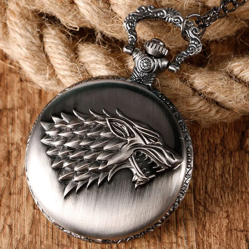 Direwolf-Montre de Poche à Quartz Gaufré Tête, Noir Rétro avec Collier Pendentif Horloge Cadeau pour Enfants