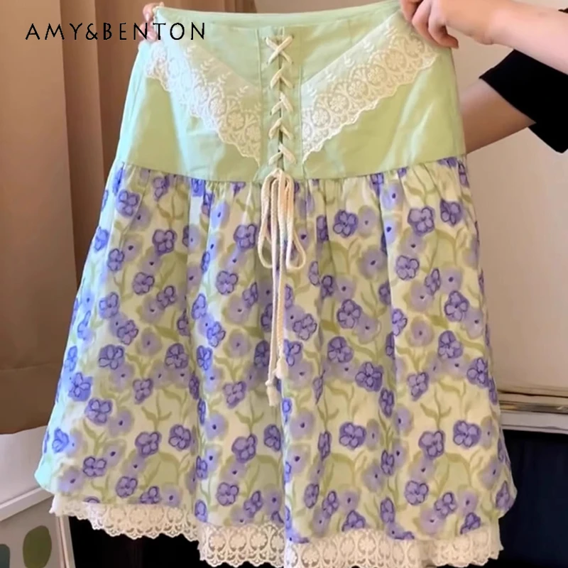 

Korean Design Lace Edge Butterfly Bow Floral High Waist Slimming Women's A-line Skirt 2025 Summer New Fresh Green Skirts Ladies